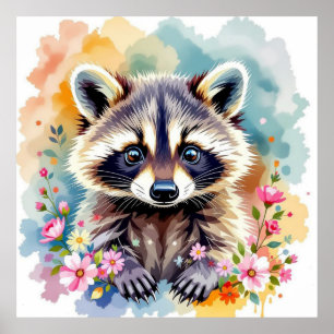 Floral Wasserfarbe Raccoon Poster