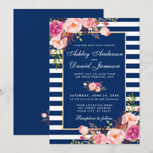 Floral Wasserfarbe Rosa blaue Streifen Hochzeit Einladung