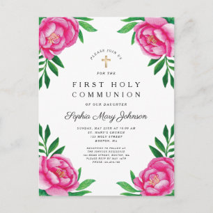 Floral Wasserfarbe Rosa Zwiebeln Erste Kommune Einladungspostkarte