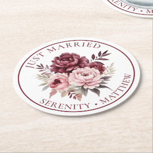 Floral Wasserfarbenpeony Just Married Wedding Runder Pappuntersetzer