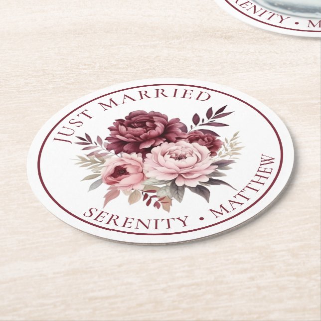 Floral Wasserfarbenpeony Just Married Wedding Runder Pappuntersetzer (Angewinkelt)