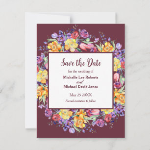 Floral Watercolor auf Burgund Save the Date Ankündigung