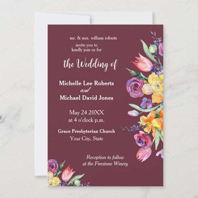 Floral Watercolor auf Burgunder Hochzeit Einladung (Vorderseite)