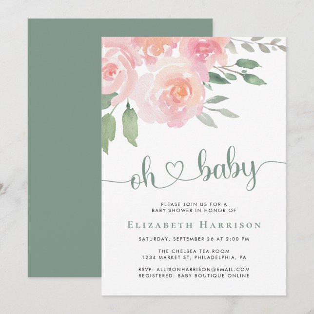 Floral Watercolor Babydusche Einladung (Vorne/Hinten)