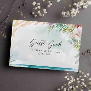 Floral Watercolor Beach Szene Sommer Hochzeit Gästebuch