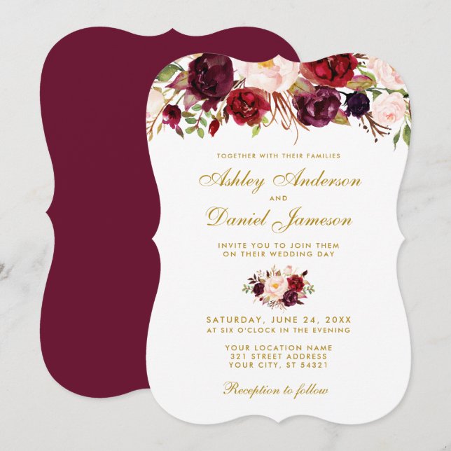 Floral Watercolor Burgund Hochzeit Einladung Gold (Vorne/Hinten)