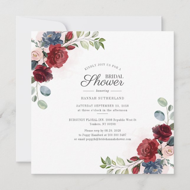 Floral Watercolor Burgundy Blush Brautparty Einladung (Vorderseite)