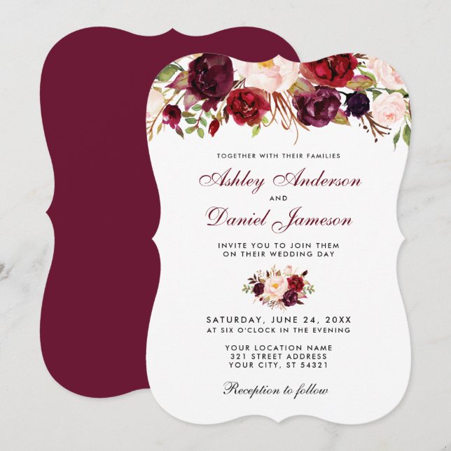 Floral Watercolor Burgundy Wedding Einladung B (Vorne/Hinten)