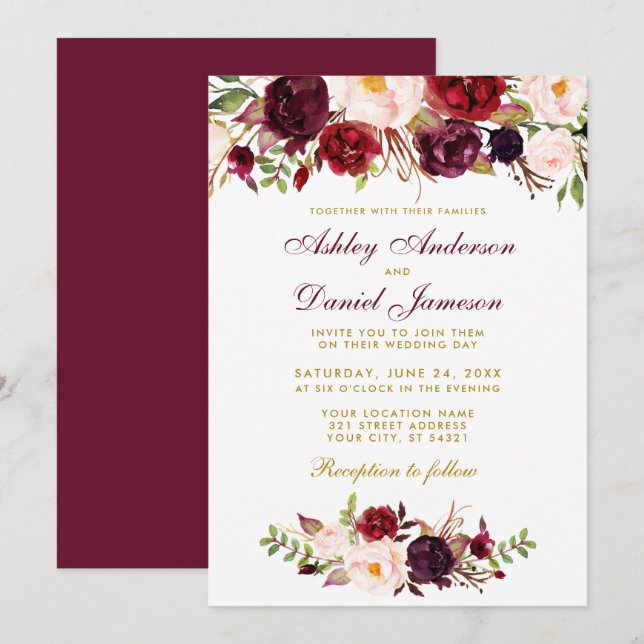Floral Watercolor Burgundy Wedding Einladung BG (Vorne/Hinten)