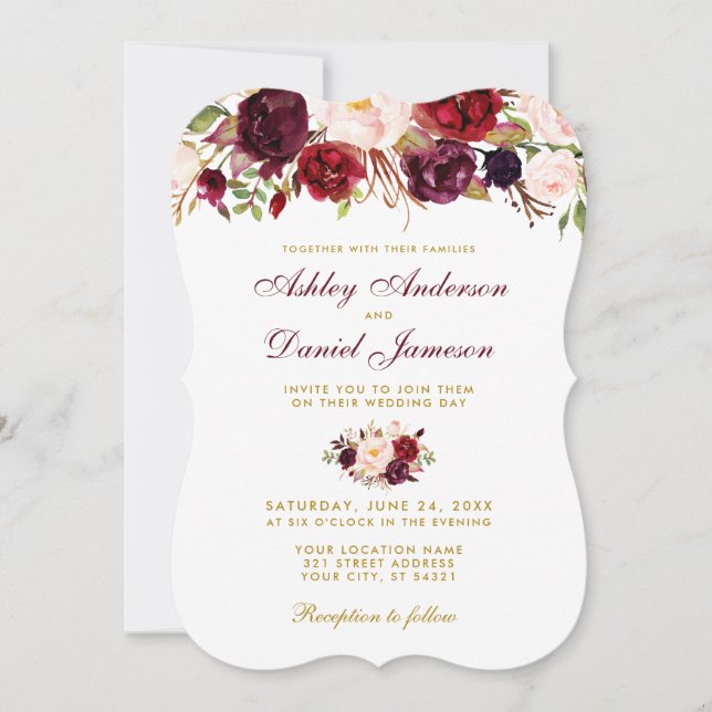 Floral Watercolor Burgundy Wedding Einladung BG (Vorderseite)