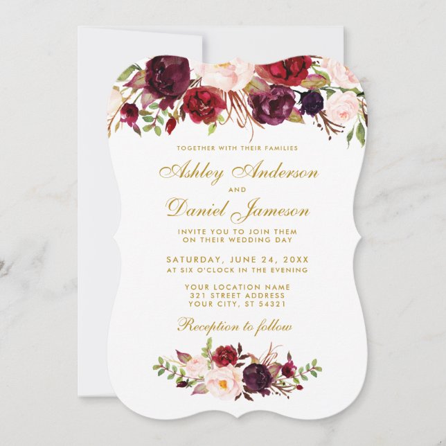 Floral Watercolor Burgundy Wedding Einladung GB (Vorderseite)