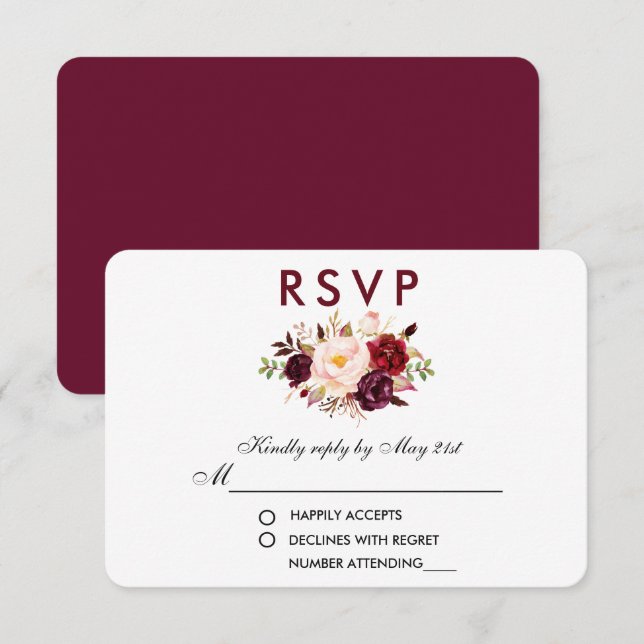 Floral Watercolor Burgundy Wedding RSVP Karte (Vorne/Hinten)