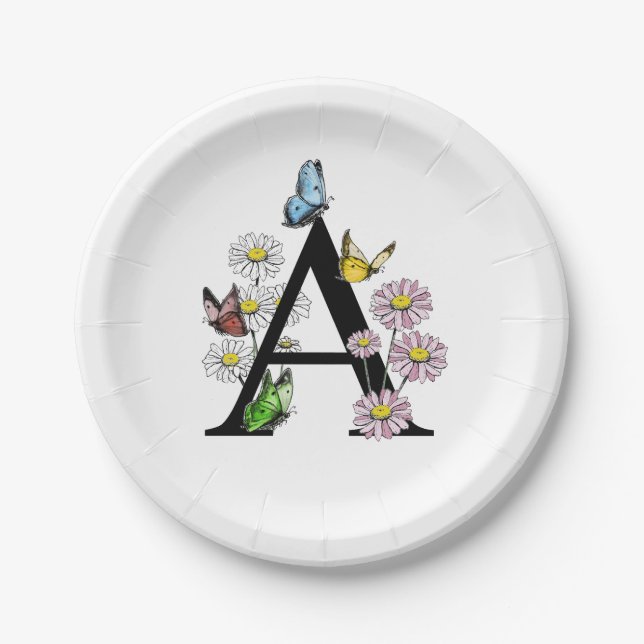 Floral Watercolor Butterfly Monogram Letter A Pappteller (Vorderseite)