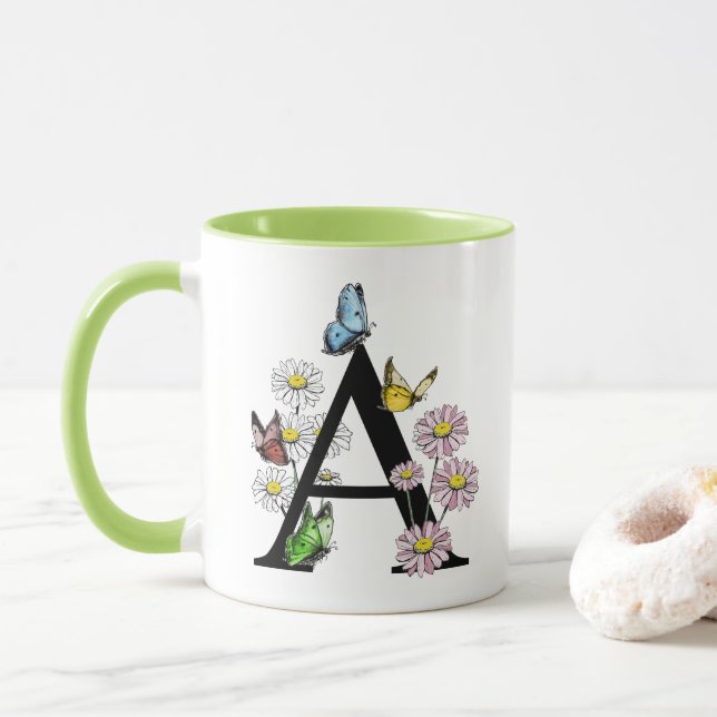 Floral Watercolor Butterfly Monogram Letter A Tasse (Mit Donut)