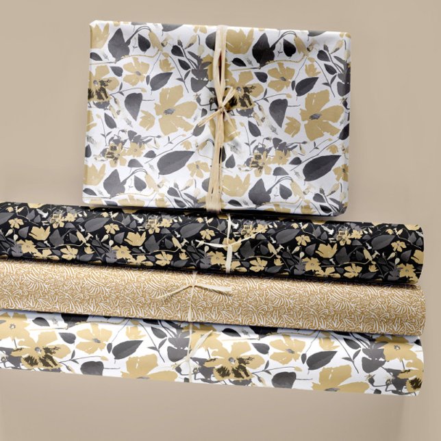 Floral Watercolor Clematis Decoupage Geschenkpapier Set (Clematis Watercolor Gold Gray Black Floral Trio Wrapping Paper Sheets. Jenn Steffen-Studio Posies)
