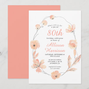 Floral Watercolor Coral 80. Geburtstagsparty Einladung