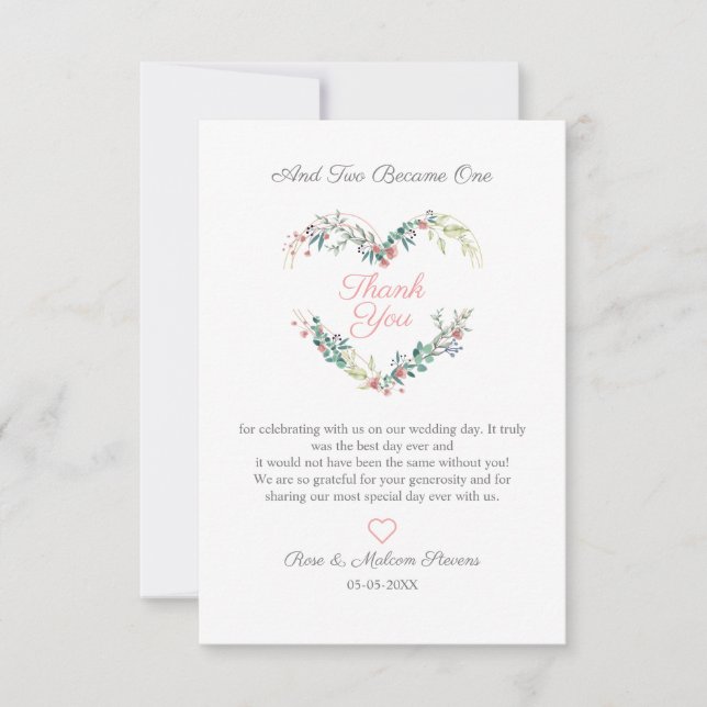 Floral Watercolor Heart with Leaves in Pink Dankeskarte (Vorderseite)
