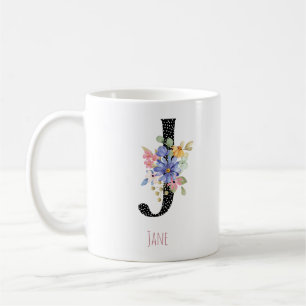 Floral Watercolor J Monogramm Name Schwarz Punkte Kaffeetasse