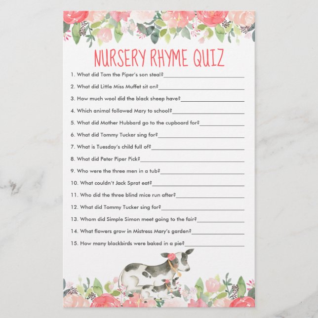 Floral Watercolor Kühe Kinderzimmer Rhyme Quiz (Vorderseite)