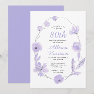 Floral Watercolor Lavender 80. Geburtstagsparty Einladung