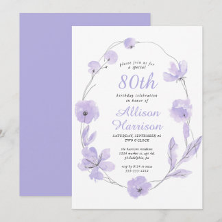 Floral Watercolor Lavender 80. Geburtstagsparty Einladung