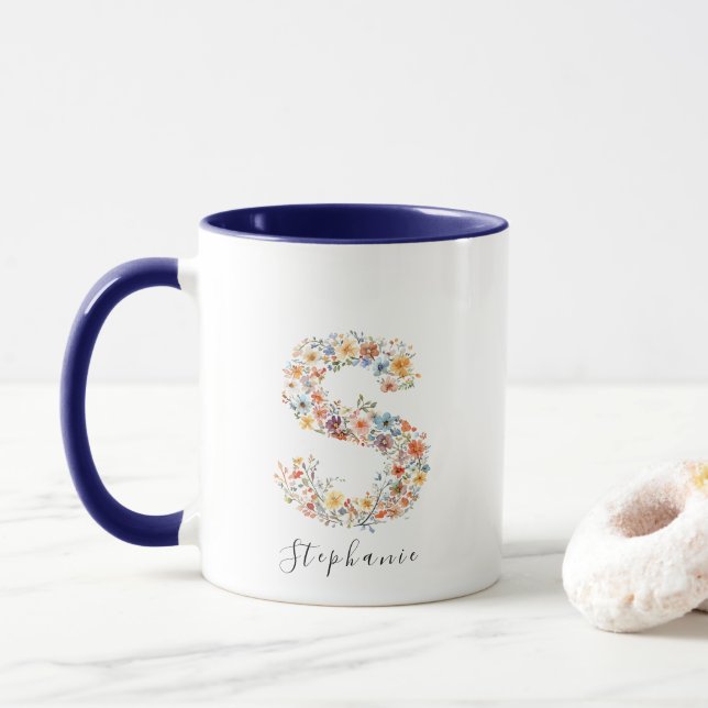 Floral Watercolor Letter S Monogramm und Individue Tasse (Mit Donut)
