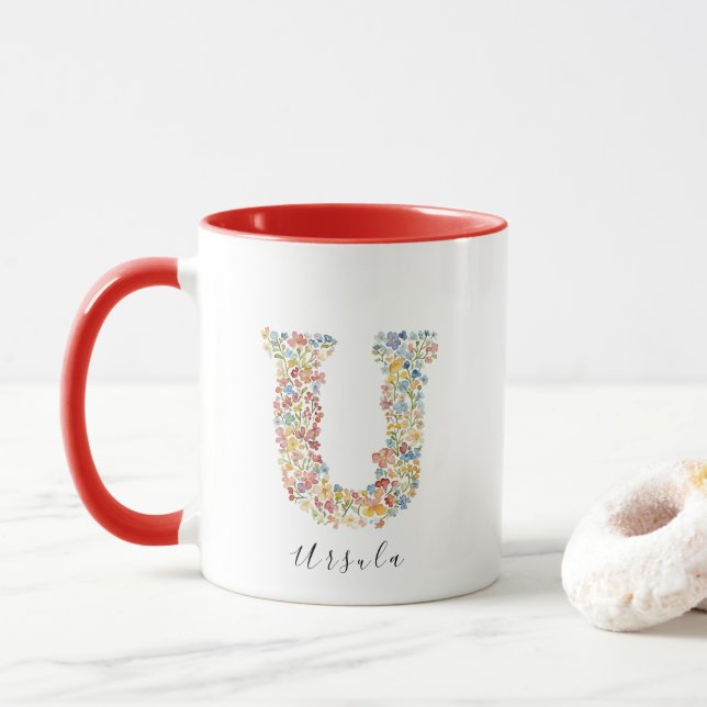 Floral Watercolor Letter U Monogram & Individuelle Tasse (Mit Donut)