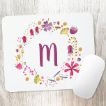 Floral Watercolor Monogram Mousepad<br><div class="desc">Moderner blumenfarbener Monogramm-Kranz. Anpassen durch Änderung des Initials. Originelle Kunst von Nic Squirrell.</div>