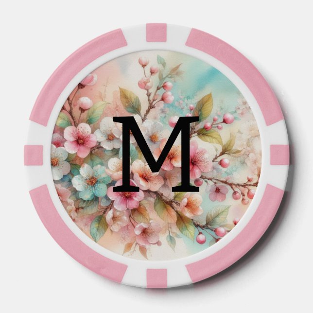 Floral watercolor monogram pink cherry blossoms  pokerchips (Vorderseite)
