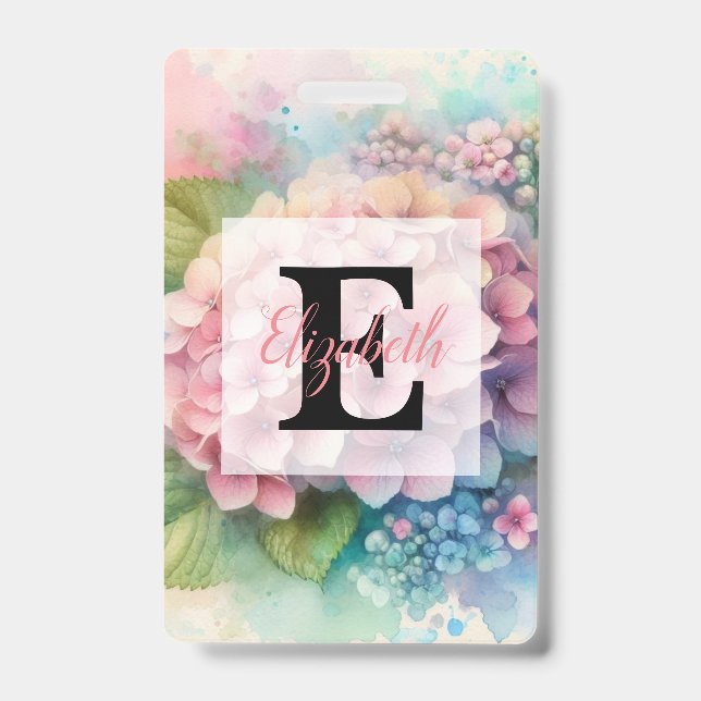 Floral watercolor monogram pink hydrangea  ausweis (Vorderseite)