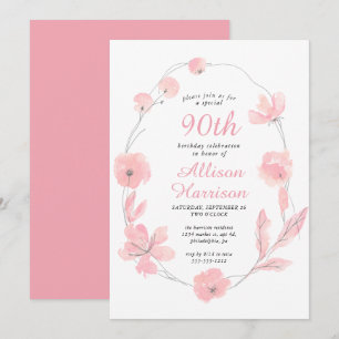 Floral Watercolor Pink 90. Geburtstagsparty Einladung