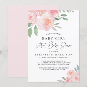 Floral Watercolor Pink Baby Girl Virtual Dusche Einladung