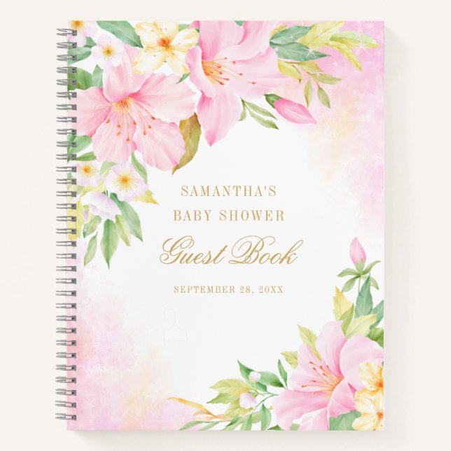Floral Watercolor Pink Babydusche Gästebuch Notizbuch (Vorderseite)