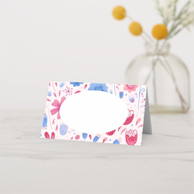 Floral Watercolor Pink Blau Platzkarte (Vorderseite)