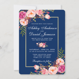 Floral Watercolor Pink Blue Wedding W Einladung