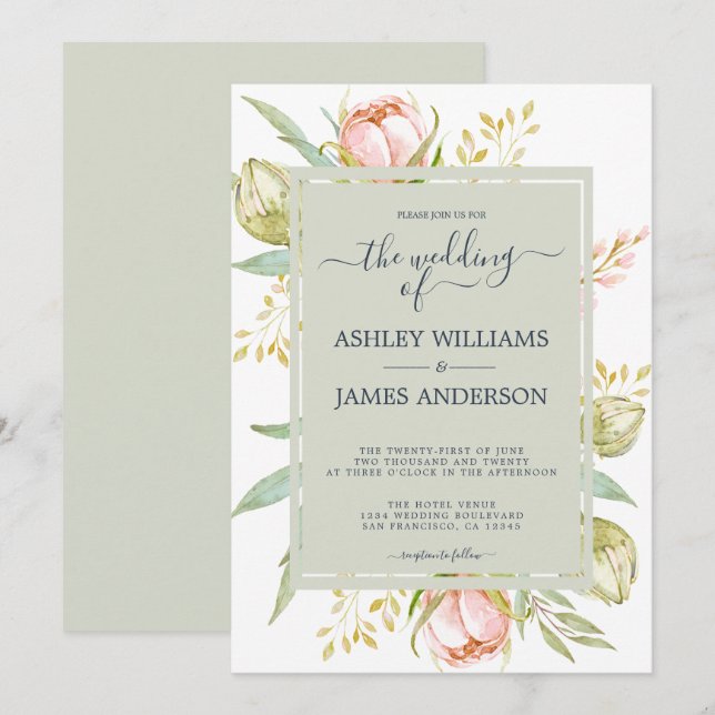Floral Watercolor Pink Peony Rustic Boho Hochzeit Einladung (Vorne/Hinten)