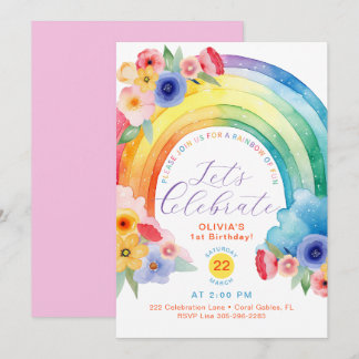 Floral Watercolor Rainbow 1. Geburtstag Einladung