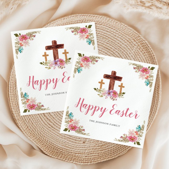 Floral Watercolor Religious Cross Happy Oaster Serviette (Floral Watercolor Religious Cross Happy Easter Napkins)
