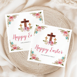 Floral Watercolor Religious Cross Happy Oaster Serviette