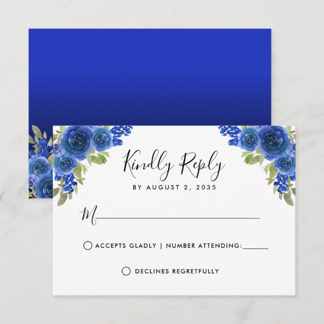 Floral Watercolor Royal Blue Quinceanera RSVP Karte (Vorne/Hinten)