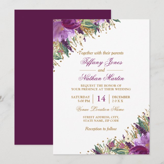 Floral Watercolor Sparkling Amethyst Wedding Einladung (Vorne/Hinten)