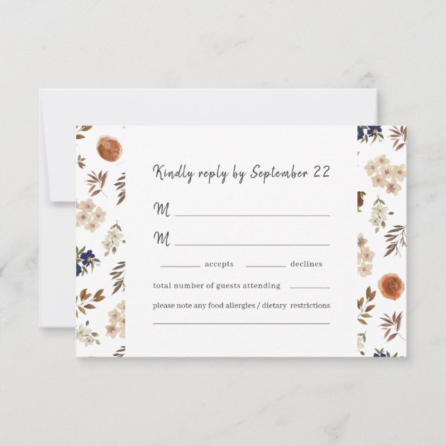 Floral Watercolor Terra Cotta Blue Wedding RSVP Karte (Rückseite)