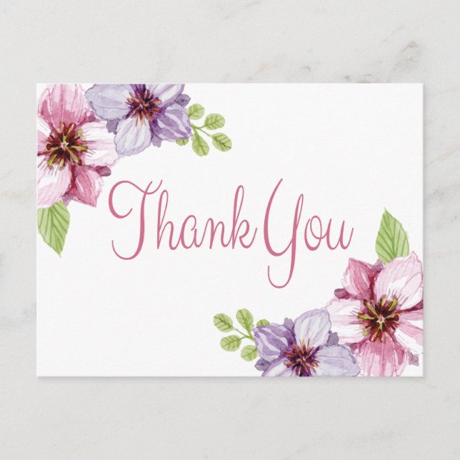 Floral Watercolor Vielen Dank Lila Blume Postkarte (Vorderseite)