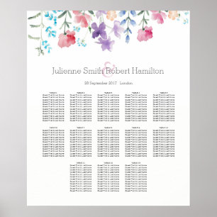 Floral Watercolor Wedding Seating Chart 13 Tables Poster