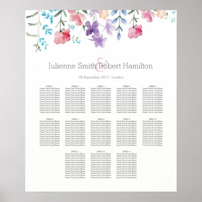 Floral Watercolor Wedding Seating Chart 13 Tables Poster (Vorne)