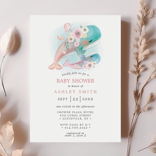 Floral Watercolor Whales Girl Babydusche Einladung (Von Creator hochgeladen)