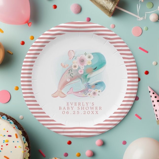 Floral Watercolor Whales Girl Babydusche Pappteller (Von Creator hochgeladen)