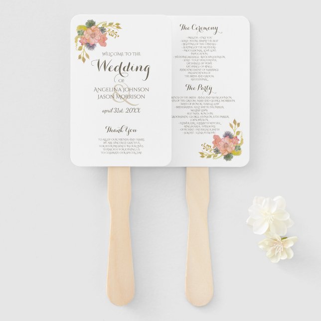 Floral Watercolor White Wedding Program Hand Fans Fächer (Vorne und Hinten)