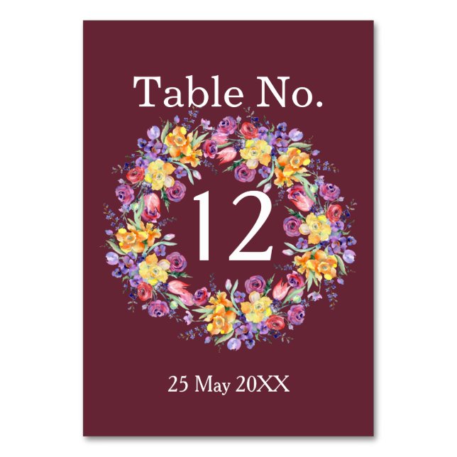 Floral Watercolor Wreath Burgund Tischnummer (Vorderseite)