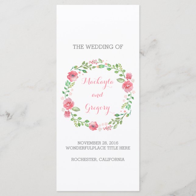 Floral Watercolor Wreath Elegante Hochzeitsprogram Programm (Vorderseite)